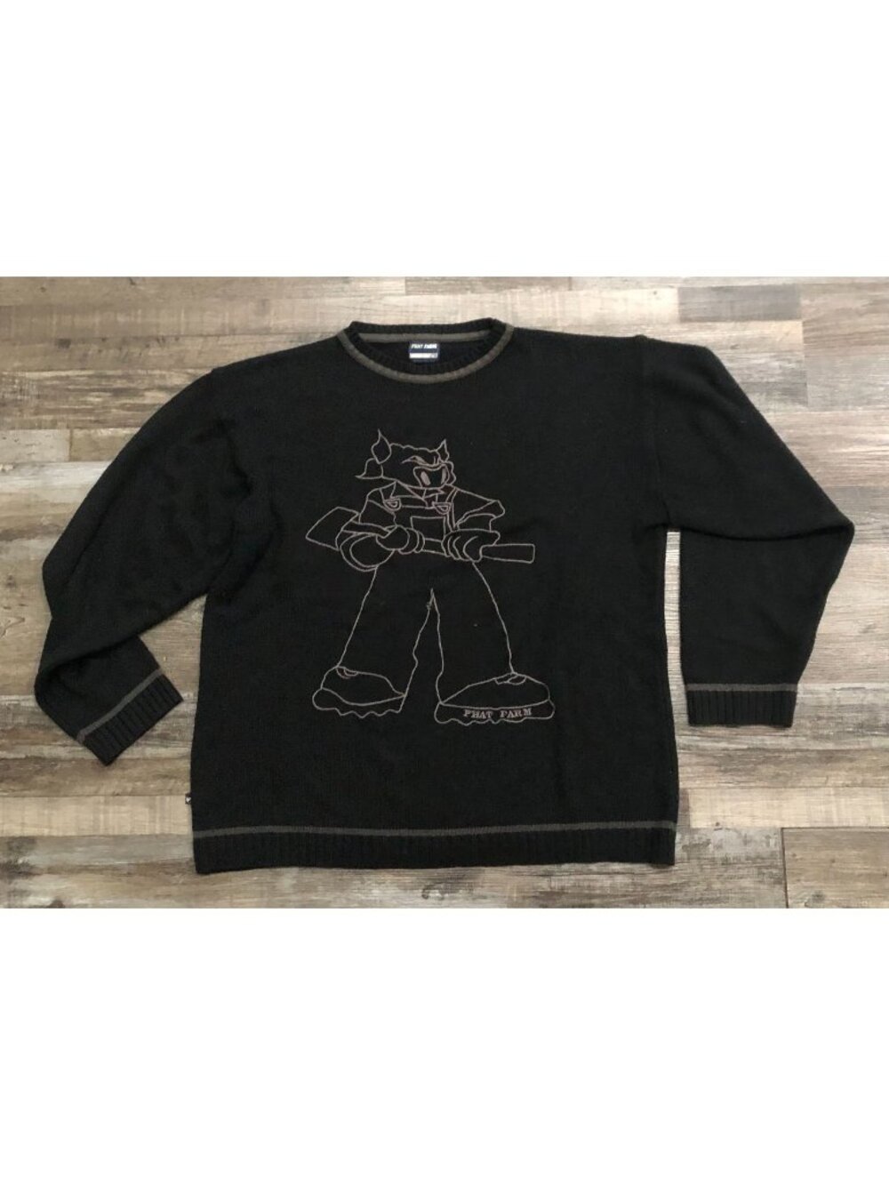 Vintage Phat Farm Mens 2XL Black Embroidered Crewneck Sweatshirt Pullover